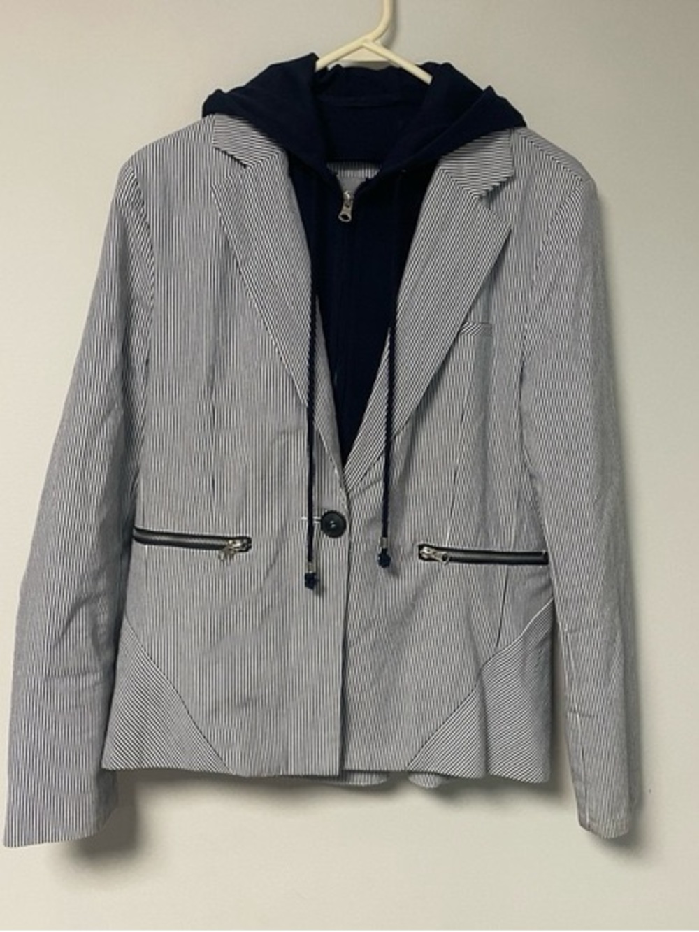 Fate Navy & White Striped Blazer with Navy Hooded Zip Insert